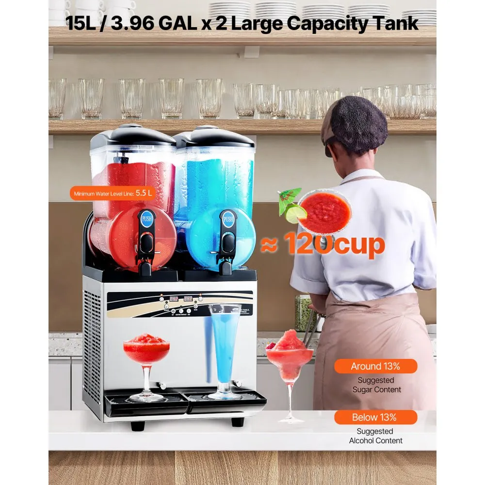 VEVOR Commercial Frozen Drink Maker, 15Lx2 Double Tank Slushy Machine, - Image 6